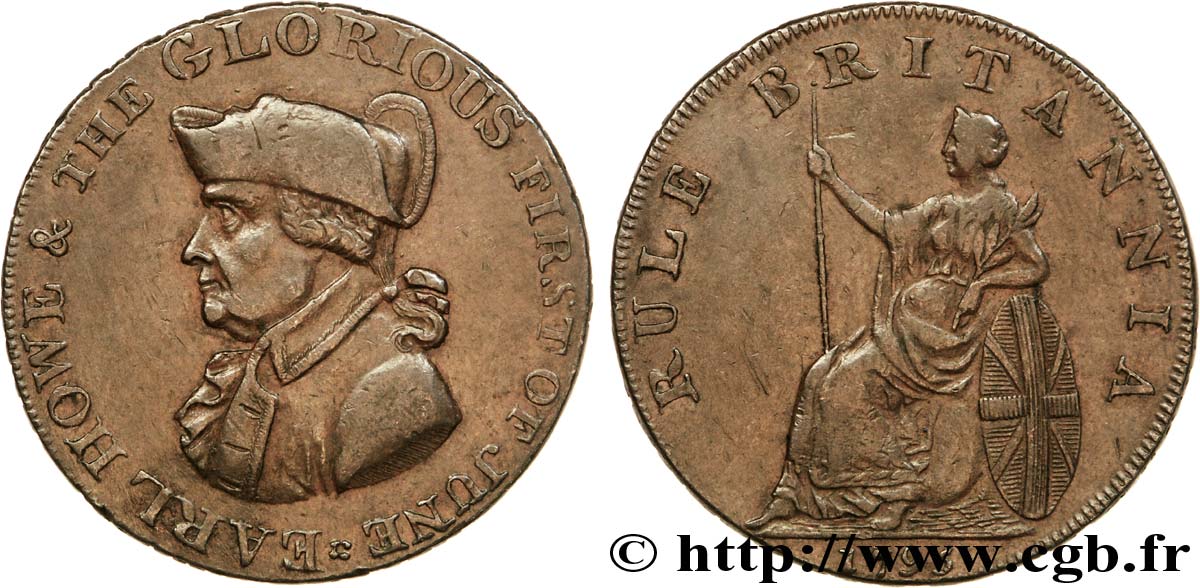 ROYAUME-UNI (TOKENS) 1/2 Penny Emsworth (Hampshire) comte Howe / Britannia assise, “Emsworth half-penny payable at Iohn Stride” sur la tranche 1795  TTB 