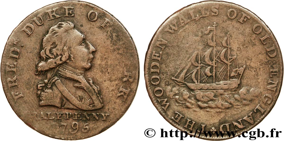 ROYAUME-UNI (TOKENS) 1/2 Penny Londres (Middlesex) Frederik Duc de York / voilier (payable à Lancaster, Londres ou Bristol) 1795  TB+ 