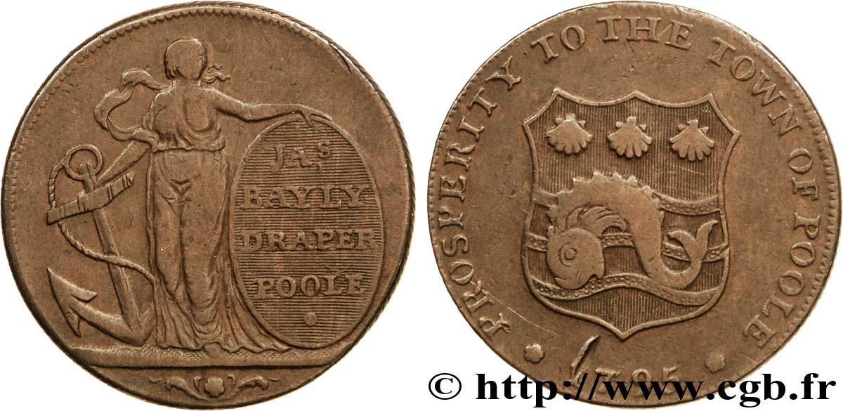 ROYAUME-UNI (TOKENS) 1/2 Penny Poole (Dorsetshire) James Bayl(e)y, drapier, Espérance tenant une ancre 1795  TB 