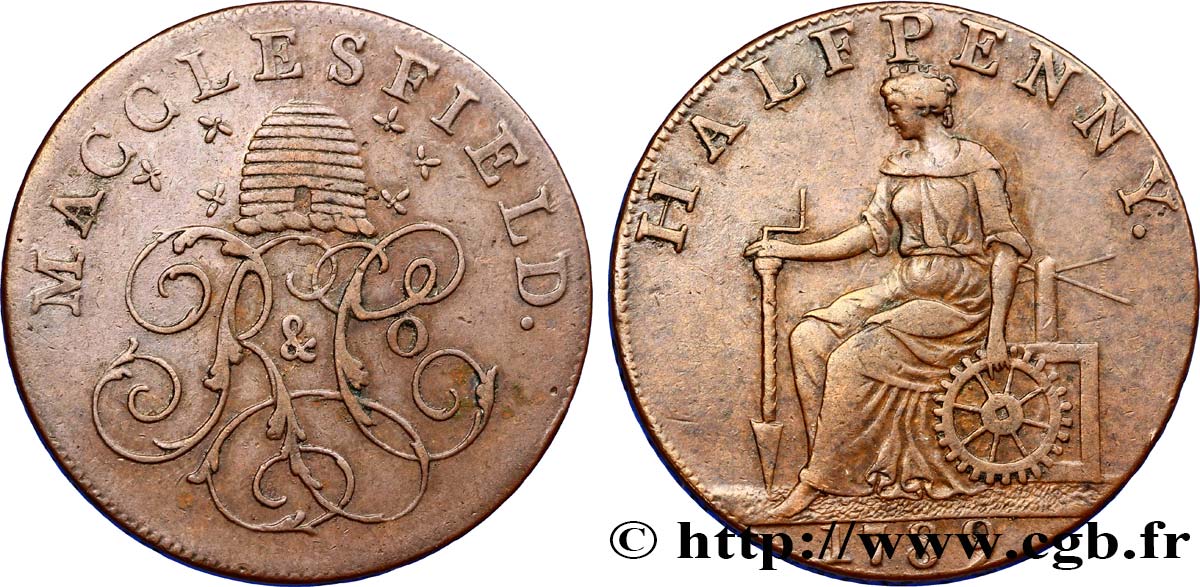 BRITISH TOKENS OR JETTONS 1/2 Penny Macclesfield (Cheshire) ruche et initiales “R & C°” / femme avec outils, “payable at Macclesfield Liverpool & Congleton 1789  XF 