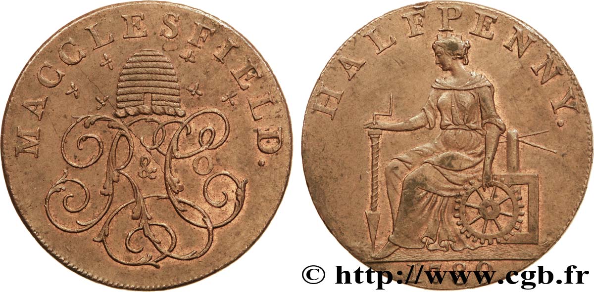 ROYAUME-UNI (TOKENS) 1/2 Penny Macclesfield (Cheshire) ruche et initiales “R & C°” / femme avec outils, “payable at Macclesfield Liverpool & Congleton 1789  TTB+ 