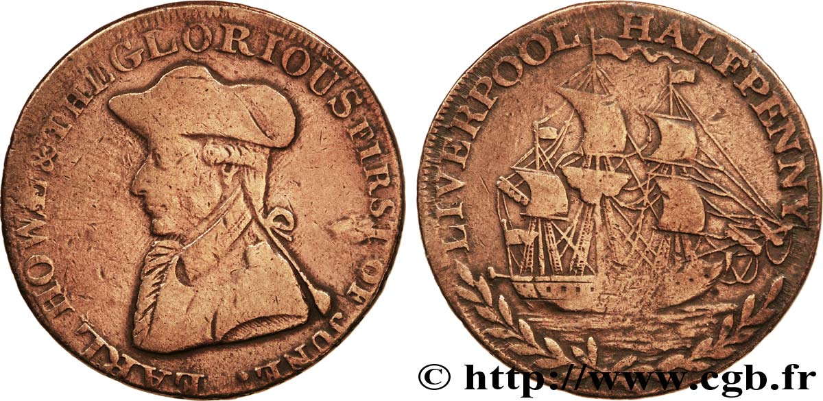 ROYAUME-UNI (TOKENS) 1/2 Penny Liverpool (Lancashire) Earl Howe / voilier, “An asylum for oppress’d of all nations” sur la tranche N.D.  B+ 