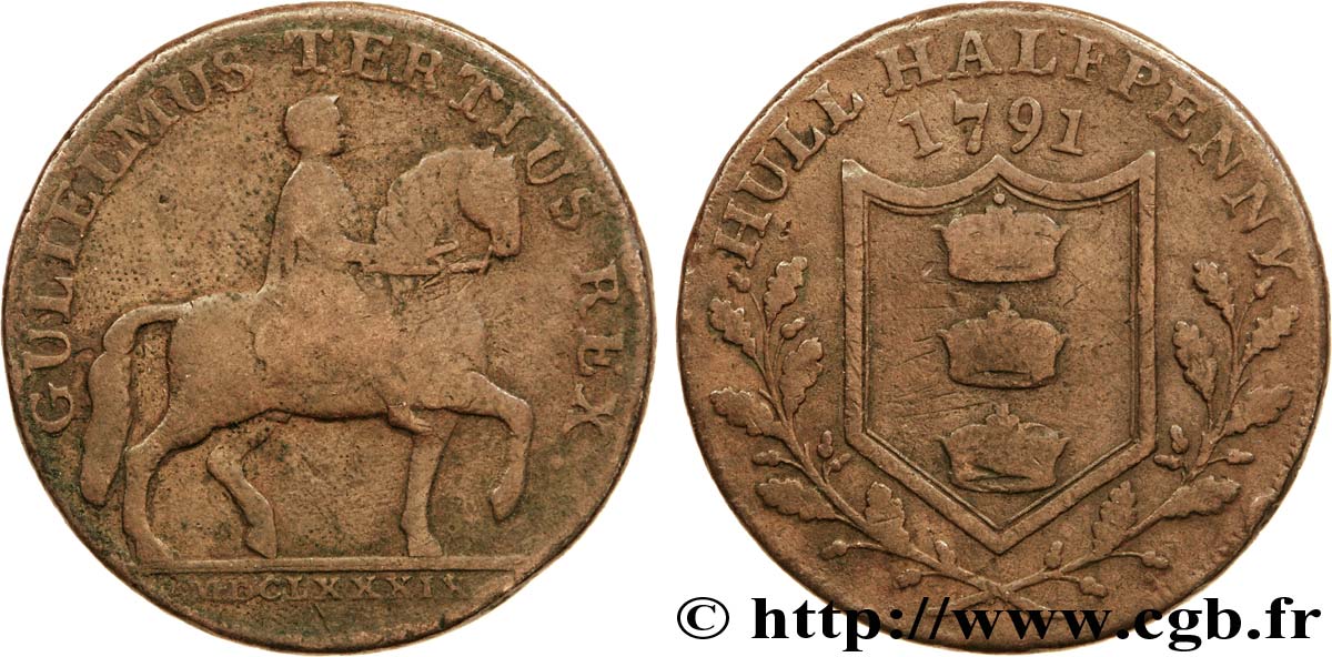 ROYAUME-UNI (TOKENS) 1/2 Penny Hull (Yorkshire) Guillaume III à cheval / écu de Hull, “Payable at the warehouse of Ionathan Garton” sur la tranche 1791  TB 