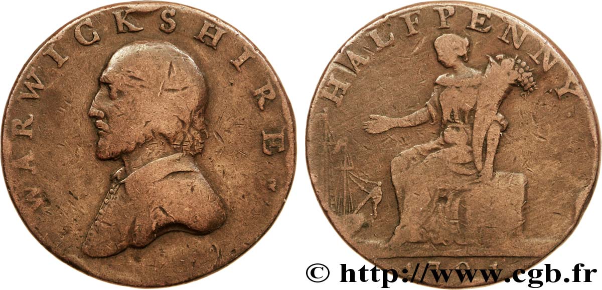 ROYAUME-UNI (TOKENS) 1/2 Penny Warwickshire (comté) William Shakespeare / femme assise avec corne d’abondance 1791  B 