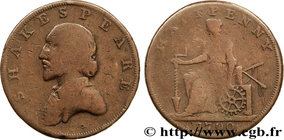 ROYAUME-UNI (TOKENS) 1/2 Penny Stratford (Warwickshire) William Shakespeare / femme assise avec outils de mine, “payable in Lancaster London or Liverpool” sur tranche 1790  B 