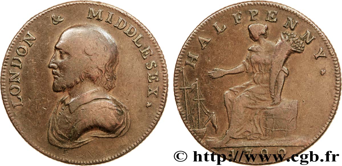 ROYAUME-UNI (TOKENS) 1/2 Penny Londres (Middlesex) William Shakespeare / femme assise avec corne d’abondance 1792  TB 