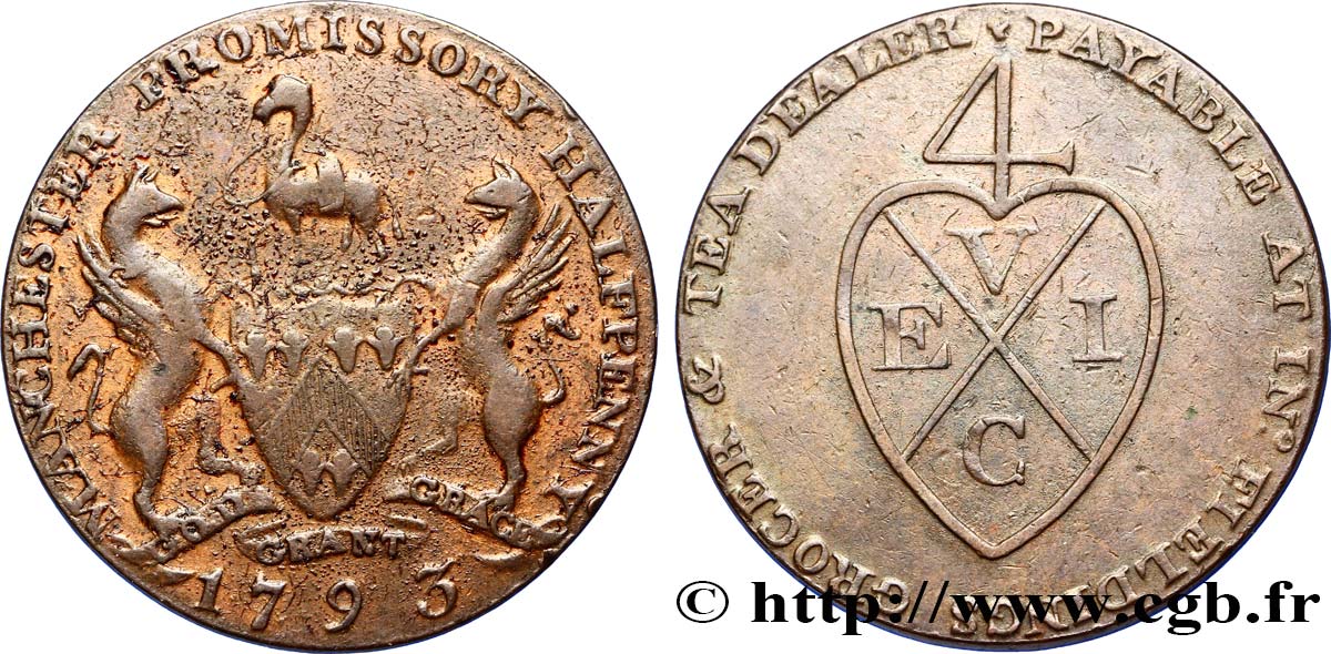 BRITISH TOKENS OR JETTONS 1/2 Penny Manchester (Lancashire), armes aux griffons / marque de balle de l’East India Company 1793  VF 