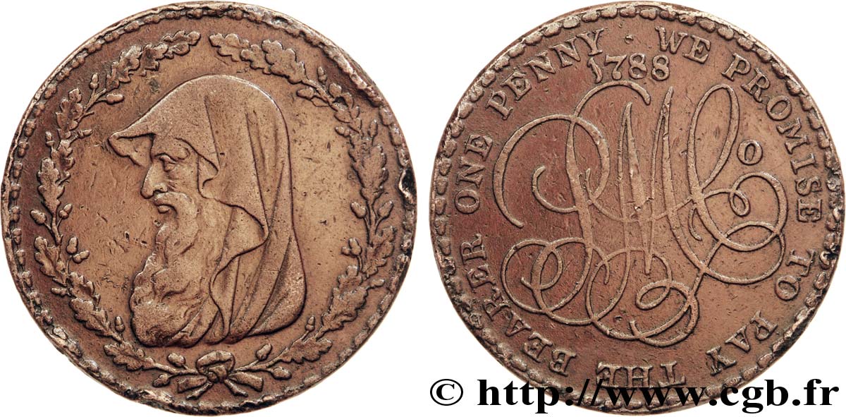 ROYAUME-UNI (TOKENS) 1 Penny Anglesey (Pays de Galles) druide / PM C° (Parys Mine Company), “on demand in London Liverpool or Anglesey” sur la tranche 1788  TTB 