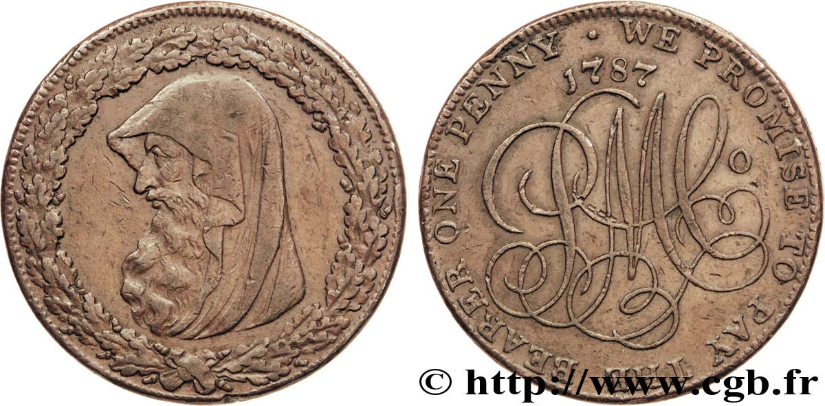 ROYAUME-UNI (TOKENS) 1 Penny Anglesey (Pays de Galles) druide / PM C° (Parys Mine Company), “on demand in London Liverpool or Anglesey” sur la tranche 1787  TTB 