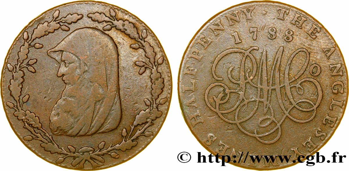 ROYAUME-UNI (TOKENS) 1/2 Penny Anglesey (Pays de Galles) druide / PM C° (Parys Mine Company), “on demand in London Liverpool or Anglesey” sur la tranche 1788  TB 