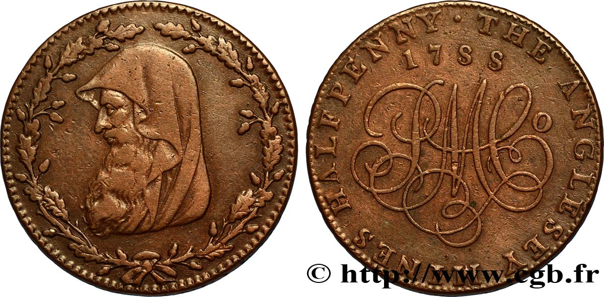 ROYAUME-UNI (TOKENS) 1/2 Penny Anglesey (Pays de Galles) druide / PM C° (Parys Mine Company), “on demand in London Liverpool or Anglesey” sur la tranche 1788  TTB 