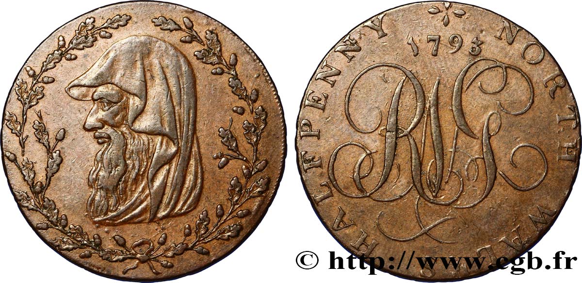 ROYAUME-UNI (TOKENS) 1/2 Penny North Wales (Pays de Galles) druide / RNG, “current every where” sur la tranche 1793  TTB 