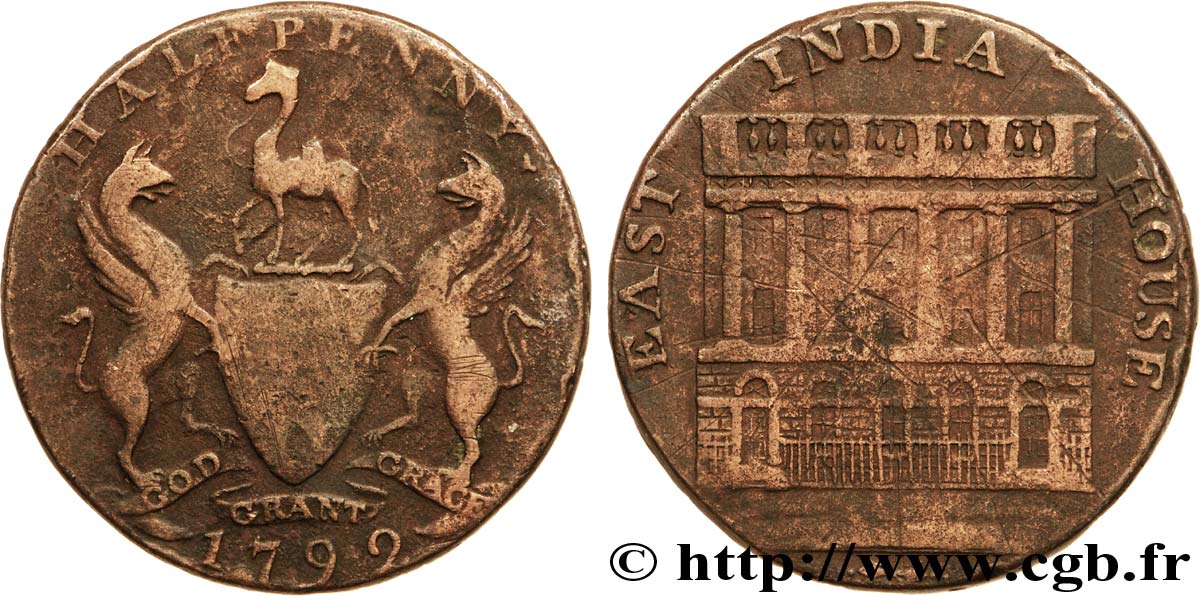 ROYAUME-UNI (TOKENS) 1/2 Penny Manchester (Lancashire) East India House / armes, “payable at  I. Fieldings Manchester” sur la tranche 1792  B+ 