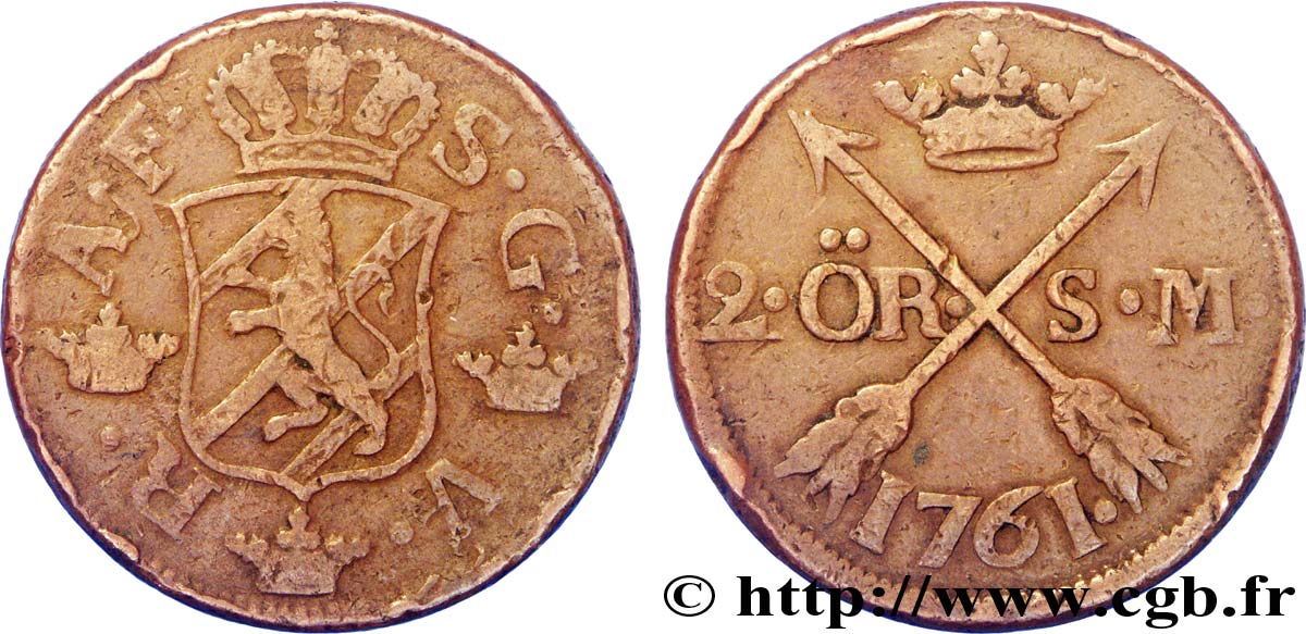 SUÈDE 2 Ore écu couronné frappe au nom du roi Adolphe Frédéric de Suède 1761  B+ 
