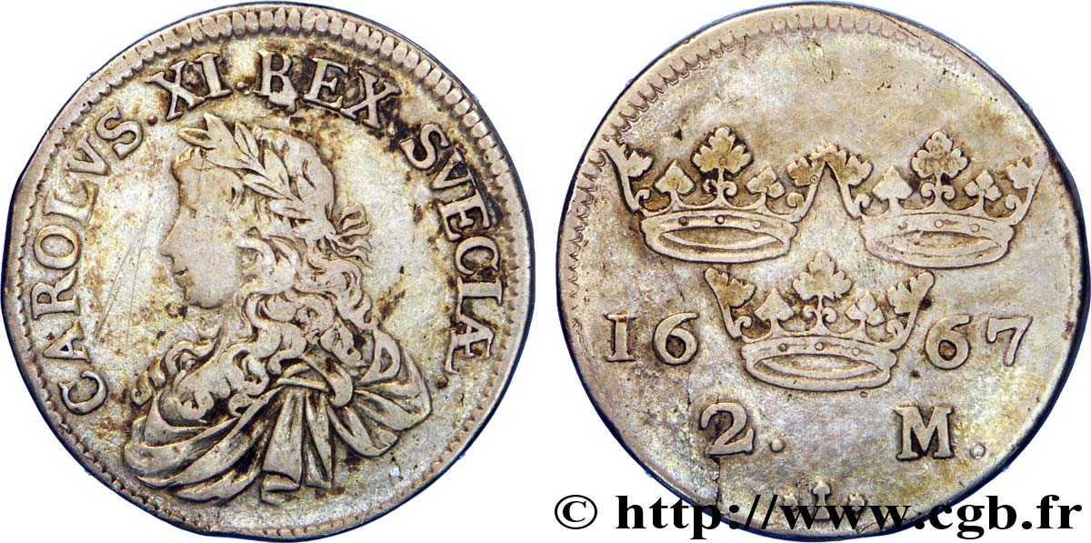SUÈDE 2 Mark Charles XI tête laurée / 3 couronnes 1667 Stockholm TB 