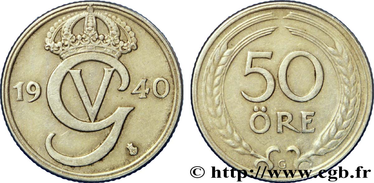 SUÈDE 50 Ore monograme de Gustave V 1940  TTB+ 