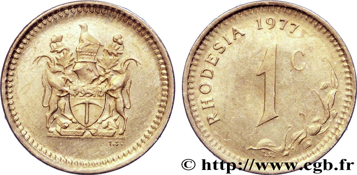 RHODÉSIE 1 Cent emblème de la Rhodésie 1977  SPL 