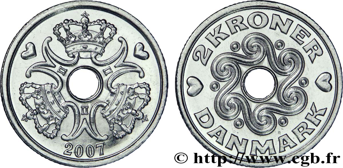 DINAMARCA 2 Kroner couronnes et monograme de la reine Margrethe II 2007 Copenhague SC 