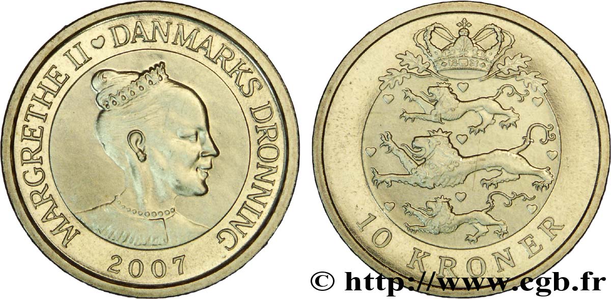 DANEMARK 10 Kroner reine Margrethe II / 3 lions couronnés 2007 Copenhague SPL 