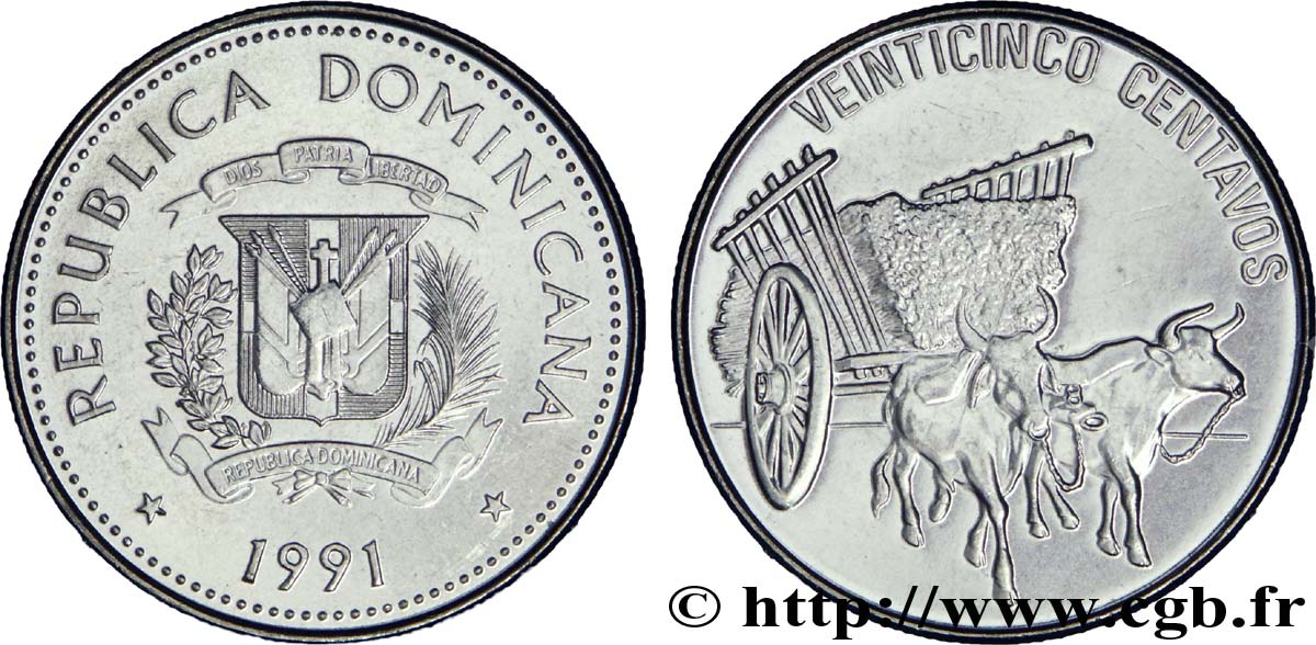 RÉPUBLIQUE DOMINICAINE 25 Centavos emblème / deux boeufs tirant une charrette de cannes à sucre 1991  SPL 