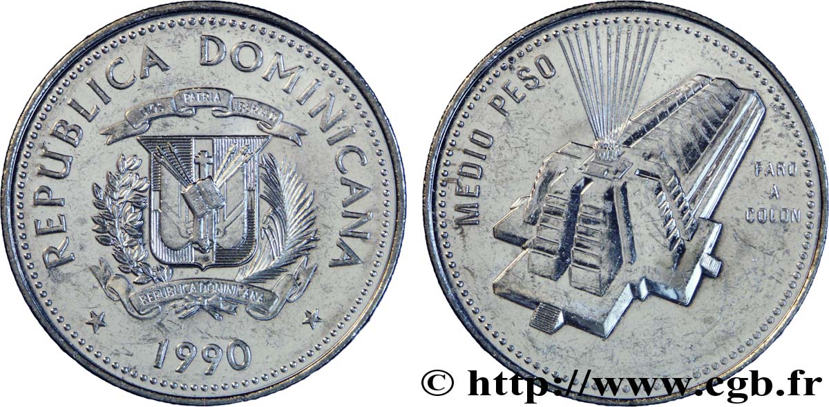 RÉPUBLIQUE DOMINICAINE 1/2 (Medio) Peso emblème / el Faro a Colon (monument à Christophe Colomb) 1990  SUP 