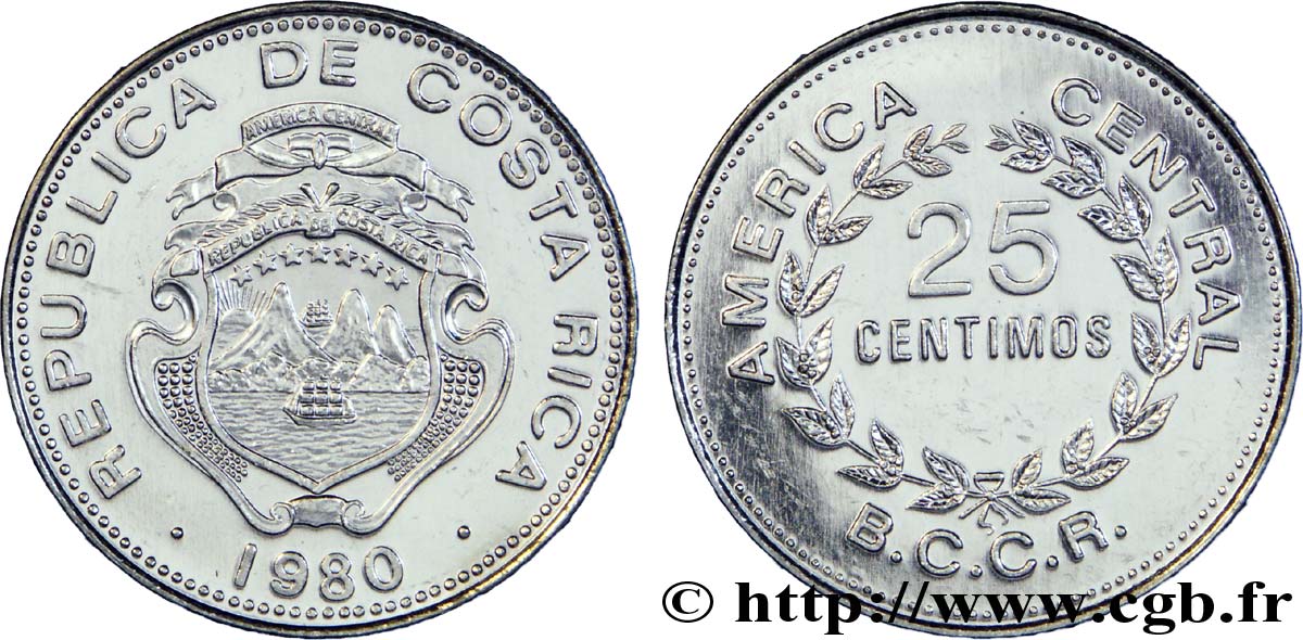 COSTA RICA 25 Centimos emblème, émission du Banco Central de Costa Rica (BCCR) 1980  SPL 