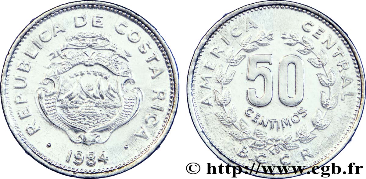 COSTA RICA 50 Centimos emblème, émission du Banco Central de Costa Rica (BCCR) 1984  SPL 