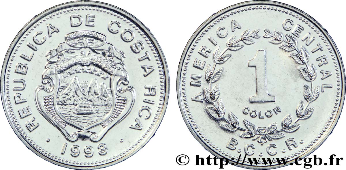 COSTA RICA 1 Colon emblème, émission du Banco Central de Costa Rica (BCCR) 1993  SPL 
