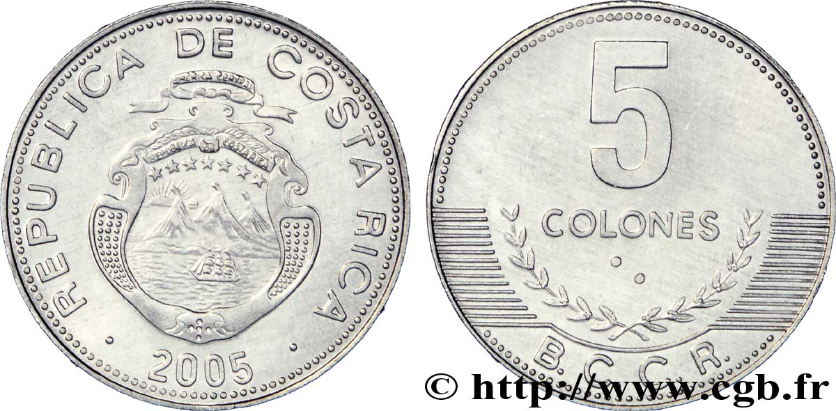 COSTA RICA 5 Colones emblème, émission du Banco Central de Costa Rica (BCCR) 2005  MS 