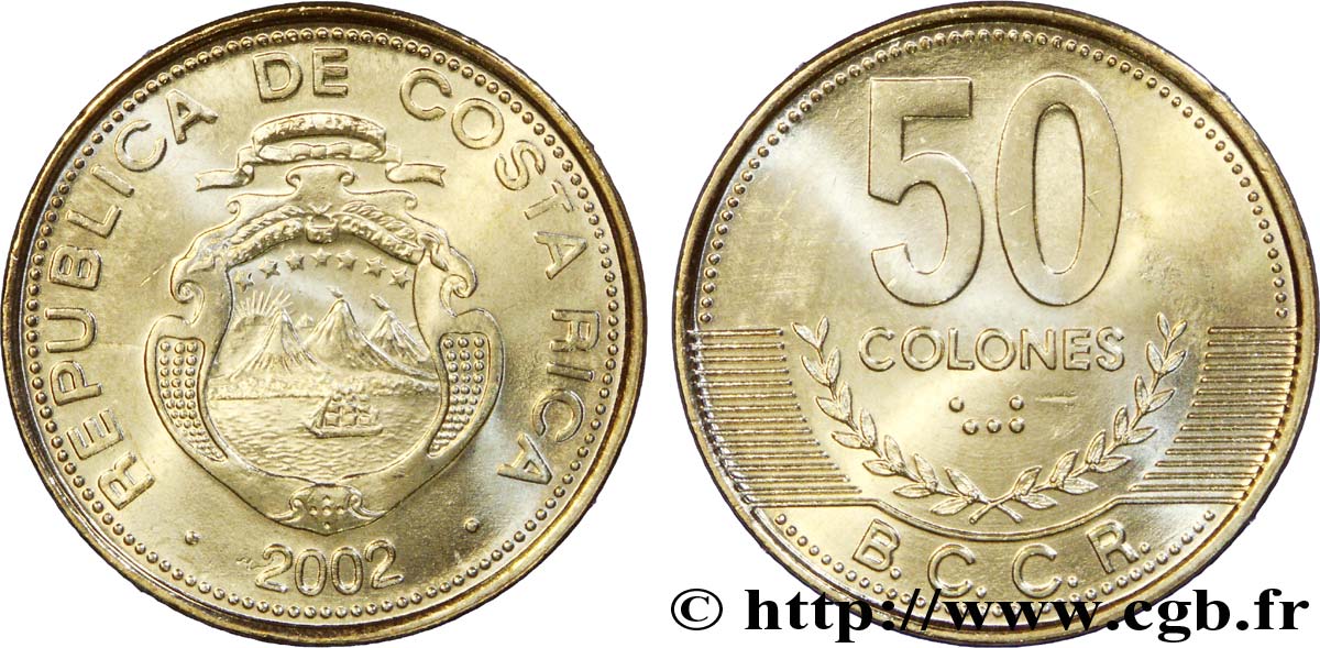 COSTA RICA 50 Colones emblème, émission du Banco Central de Costa Rica (BCCR) 2002  SPL 