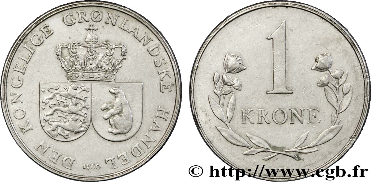 GROENLAND 1 Krone deux écus accolés et couronnés 1960 Copenhague TTB 