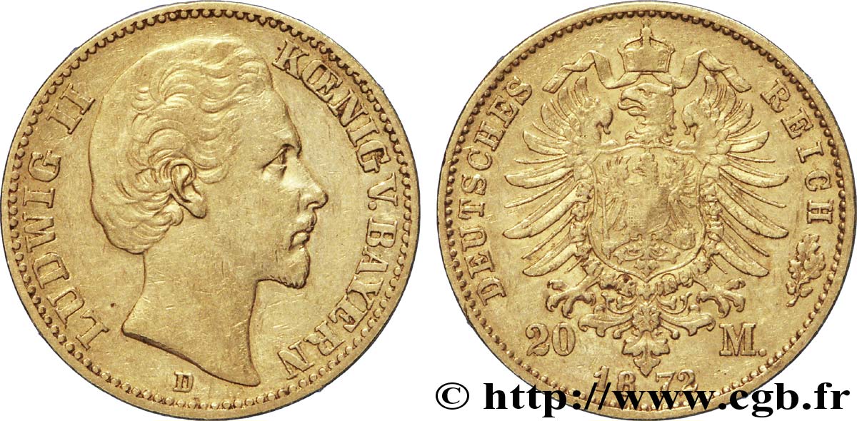 ALLEMAGNE - BAVIÈRE 20 Mark Louis II / aigle 1872 Munich - D TTB+ 