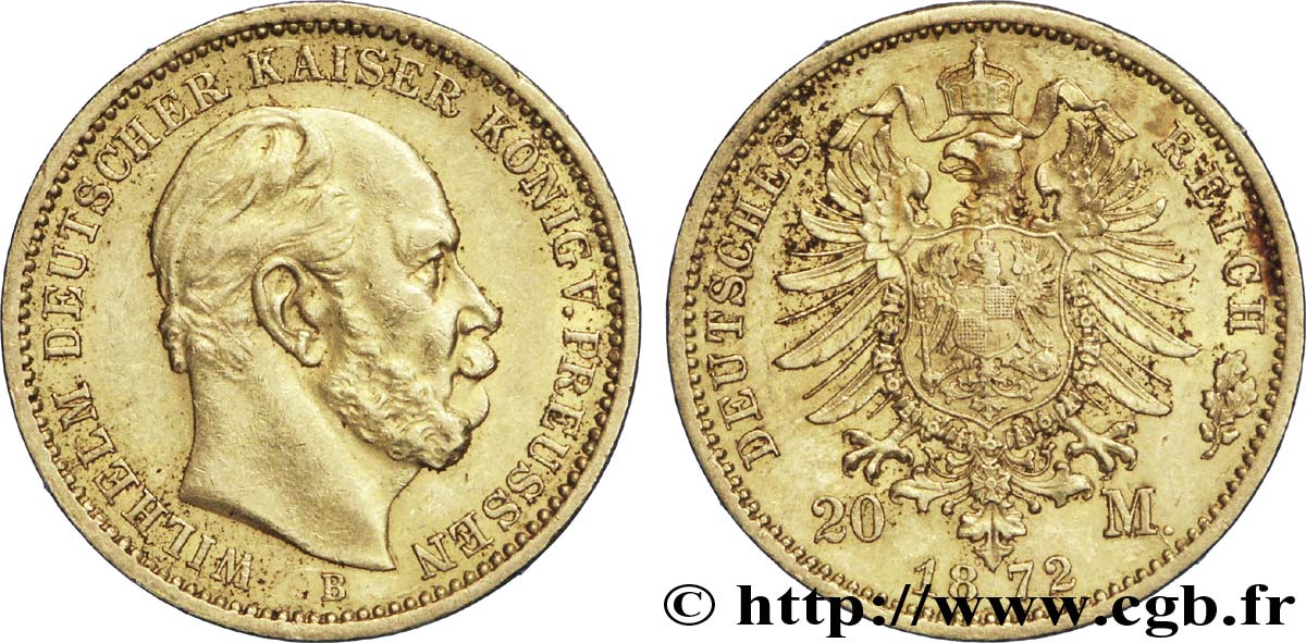 ALLEMAGNE - PRUSSE 20 Mark royaume de Prusse Guillaume Ier, 1e type / aigle héraldique 1872 Hanovre - B TTB+ 