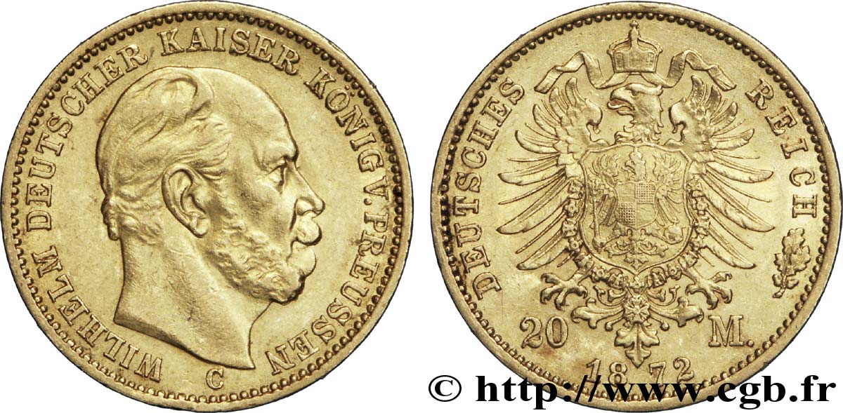 ALLEMAGNE - PRUSSE 20 Mark royaume de Prusse Guillaume Ier, 1e type / aigle héraldique 1872 Francfort - C TTB+ 