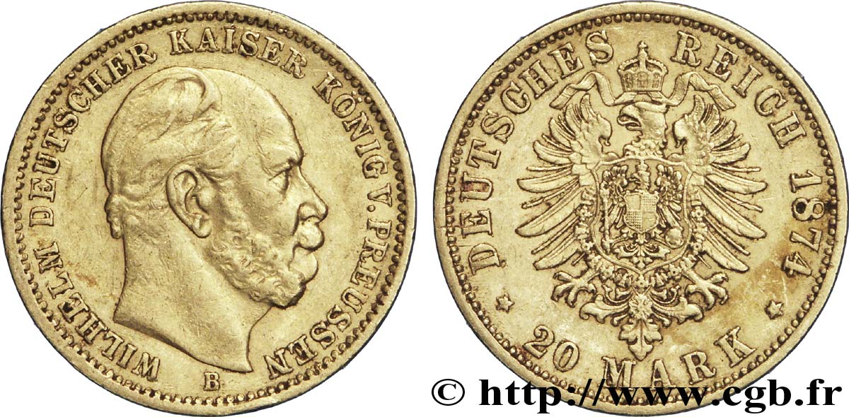 ALLEMAGNE - PRUSSE 20 Mark royaume de Prusse Guillaume Ier, 2e type / aigle héraldique 1874 Hanovre - B TTB+ 