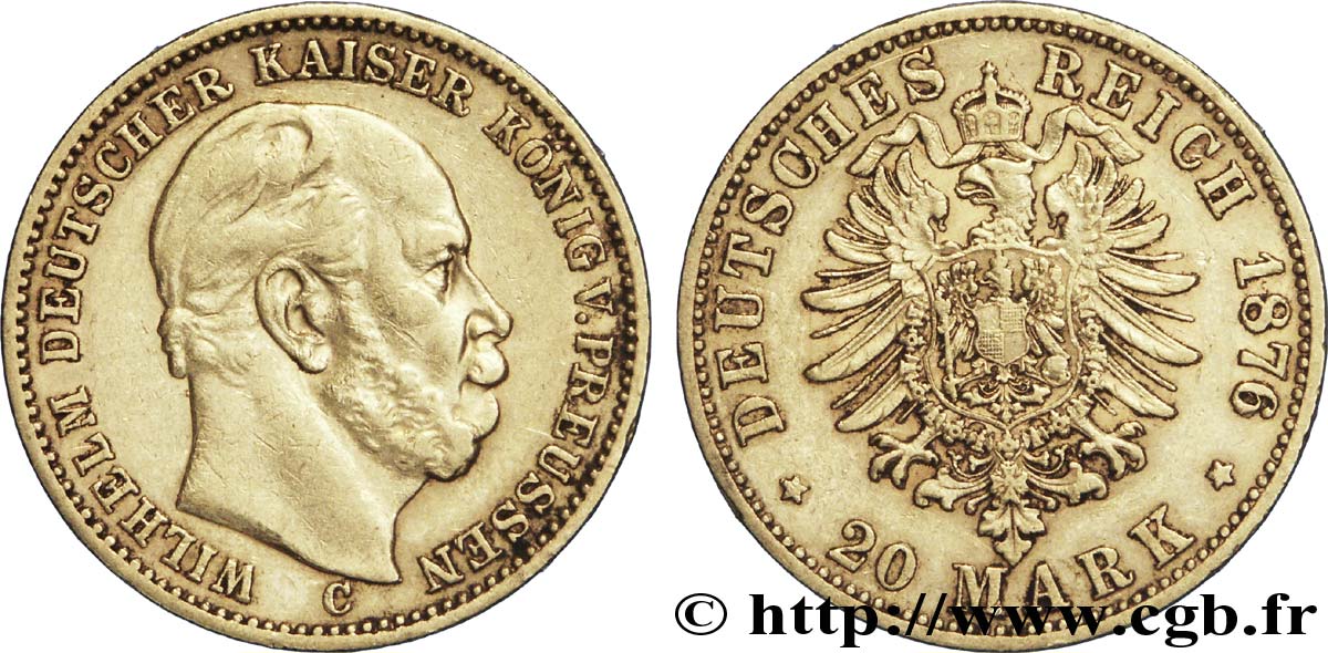 GERMANY - PRUSSIA 20 Mark royaume de Prusse Guillaume Ier, 2e type / aigle héraldique 1876 Francfort - C XF 