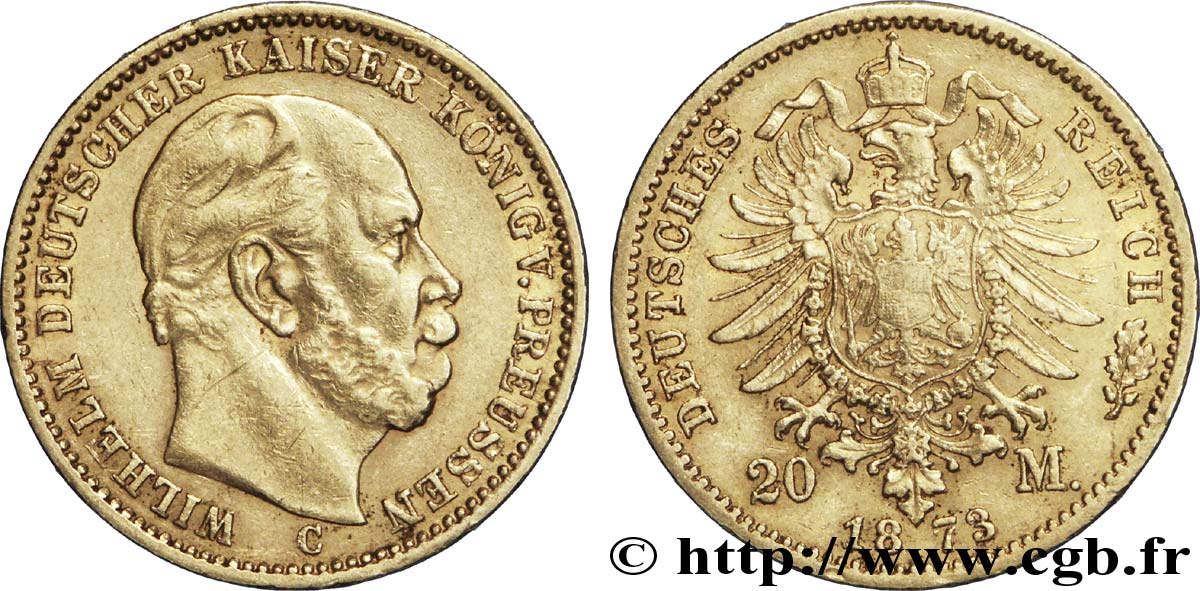 ALLEMAGNE - PRUSSE 20 Mark royaume de Prusse Guillaume Ier, 1e type / aigle héraldique 1873 Francfort - C TTB 