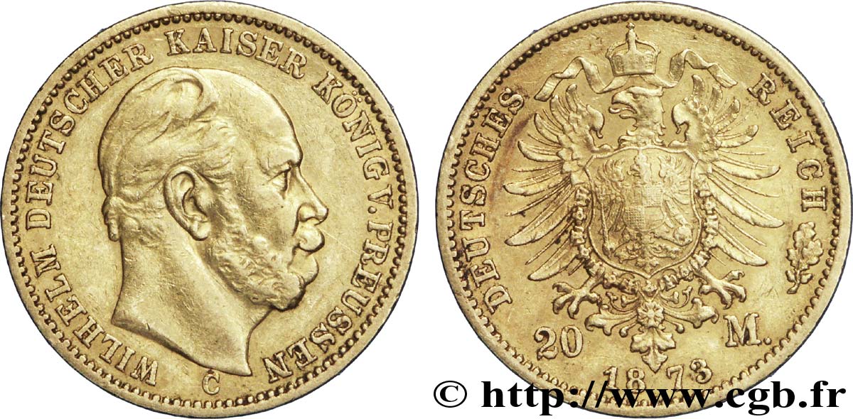 ALLEMAGNE - PRUSSE 20 Mark royaume de Prusse Guillaume Ier, 1e type / aigle héraldique 1873 Francfort - C TTB+ 
