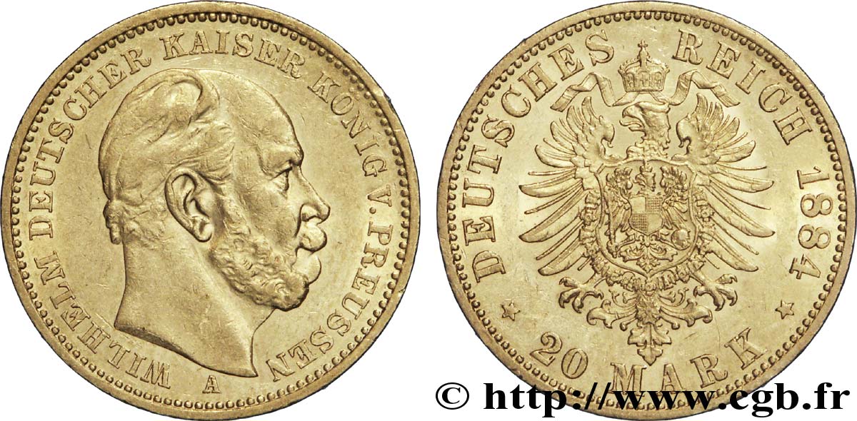 ALLEMAGNE - PRUSSE 20 Mark royaume de Prusse Guillaume Ier, 2e type / aigle héraldique 1884 Berlin TTB+ 