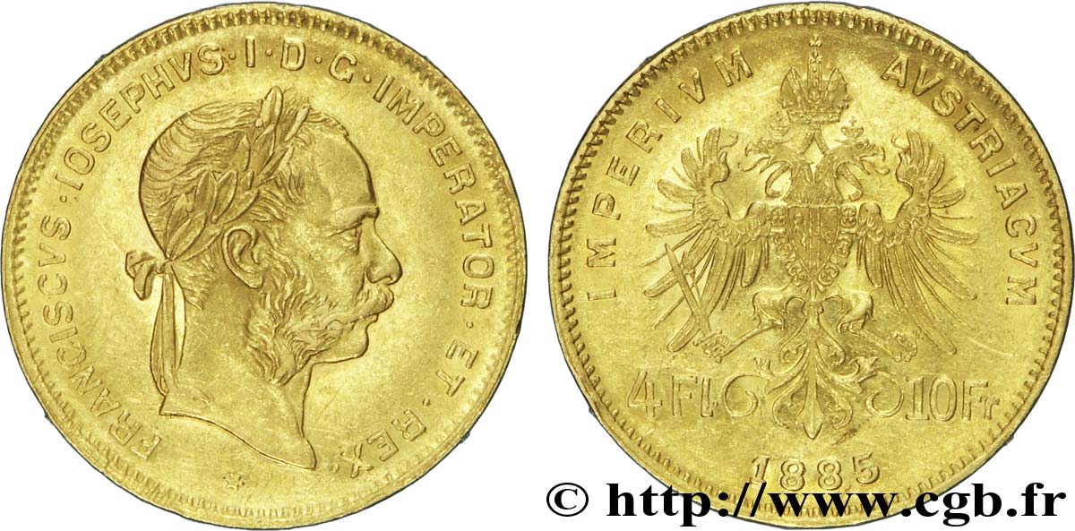 AUTRICHE 4 Florins ou 10 Francs or François-Joseph Ier / Aigle bicéphale couronné 1885 Vienne SUP 