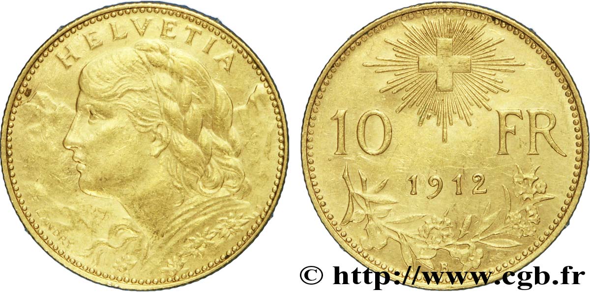 SUISSE 10 Francs or  Vreneli  Buste diadémé d Helvetia / Croix suisse 1912 Berne - B SUP 