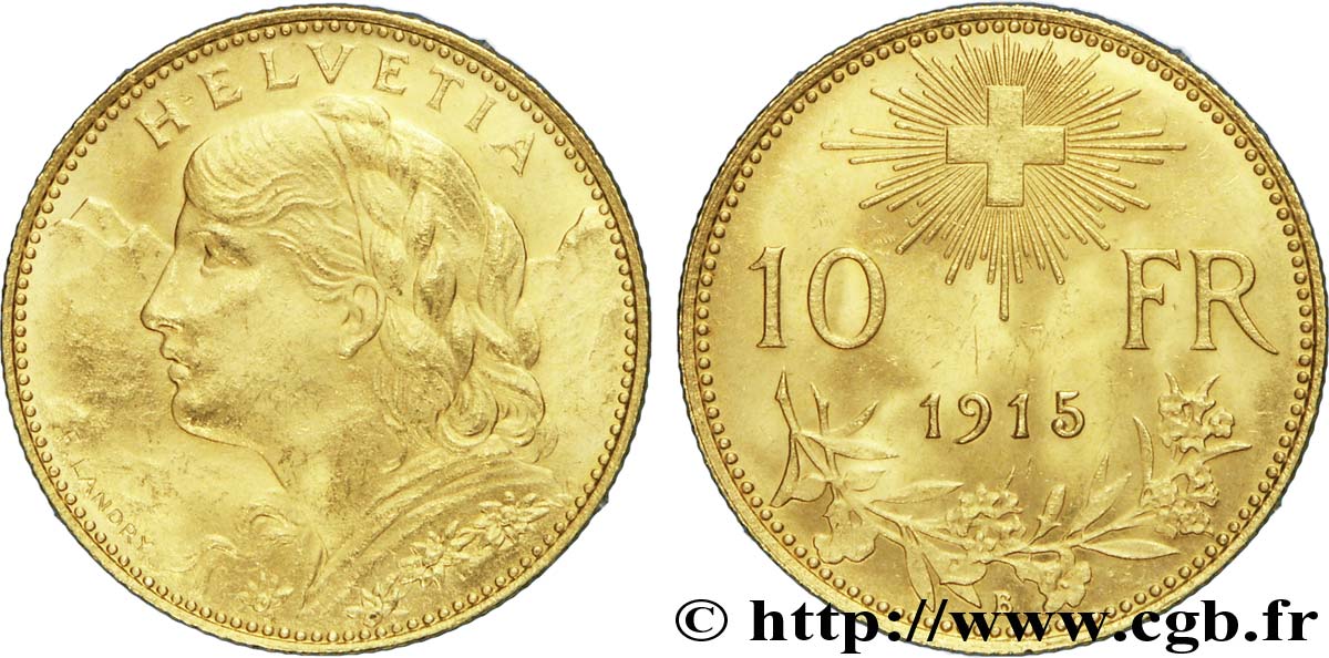 SUISSE 10 Francs or  Vreneli  Buste diadémé d Helvetia / Croix suisse 1915 Berne - B SUP 