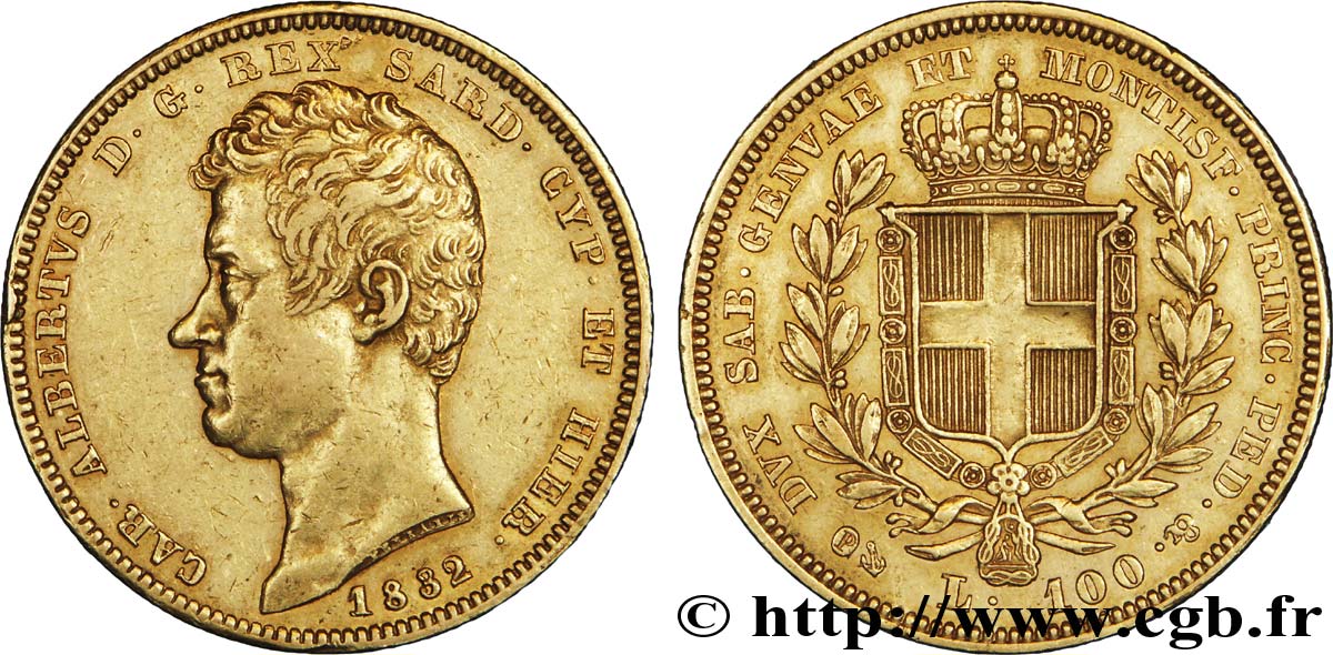 ITALIE - ROYAUME DE SARDAIGNE 100 Lire Charles-Albert roi de Sardaigne / armes de Savoie couronnées 1832 Gênes TTB+ 