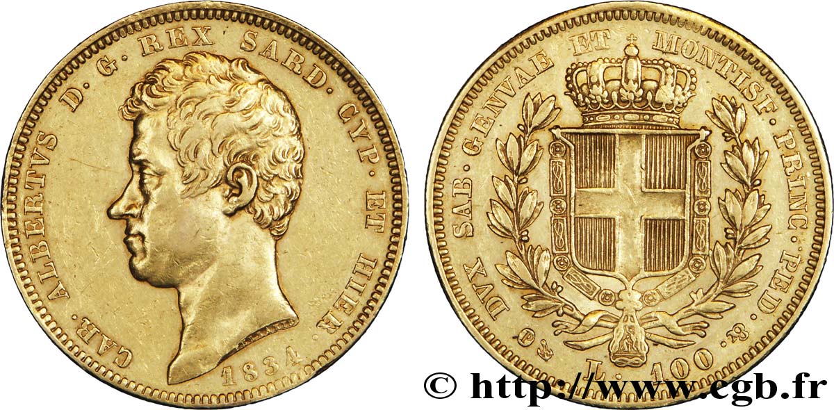 ITALIE - ROYAUME DE SARDAIGNE 100 Lire Charles-Albert roi de Sardaigne / armes de Savoie couronnées 1834 Gênes TTB+ 