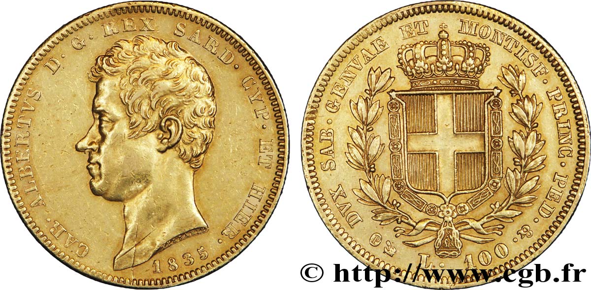 ITALIE - ROYAUME DE SARDAIGNE 100 Lire Charles-Albert roi de Sardaigne / armes de Savoie couronnées 1835 Gênes TTB 