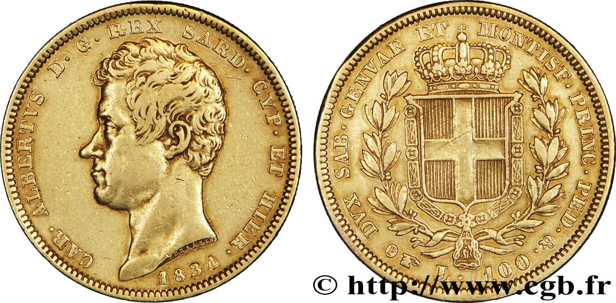 ITALIE - ROYAUME DE SARDAIGNE 100 Lire Charles-Albert roi de Sardaigne / armes de Savoie couronnées 1834 Turin TTB 