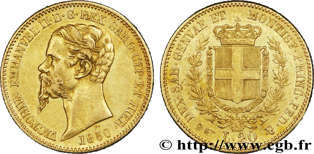 ITALIE - ROYAUME DE SARDAIGNE 20 Lire Victor-Emmanuel II roi de Sardaigne / armes de Savoie couronnées 1850 Turin SUP 
