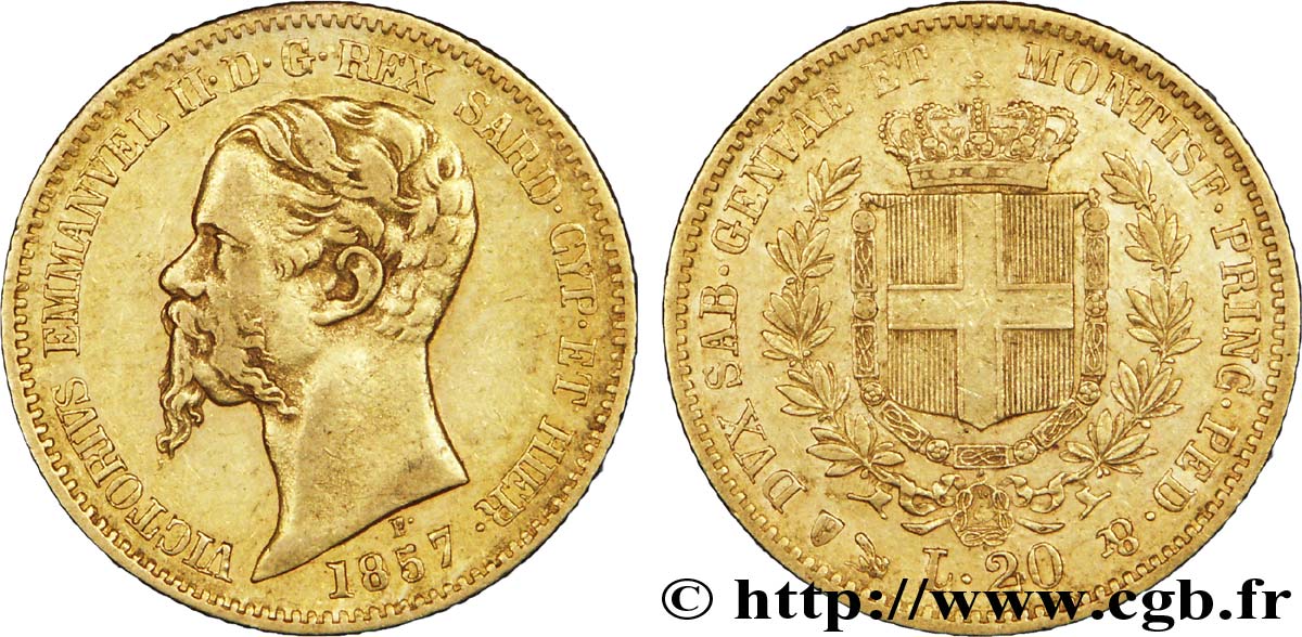 ITALIE - ROYAUME DE SARDAIGNE 20 Lire Victor-Emmanuel II roi de Sardaigne / armes de Savoie couronnées 1857 Gênes TTB 