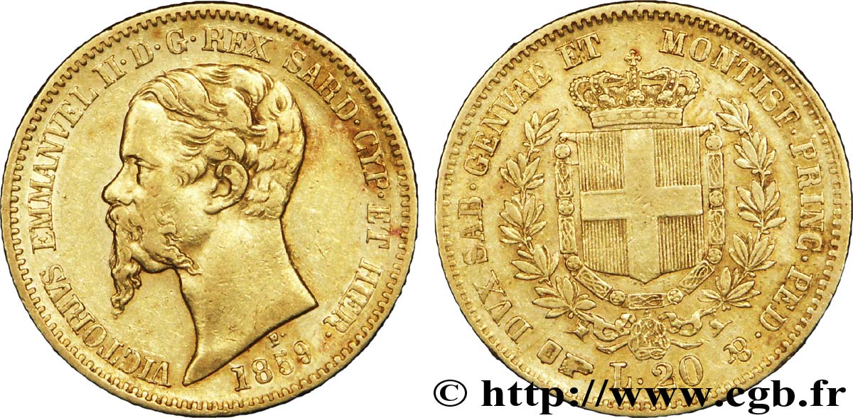 ITALIE - ROYAUME DE SARDAIGNE 20 Lire Victor-Emmanuel II roi de Sardaigne / armes de Savoie couronnées 1859 Turin TTB 