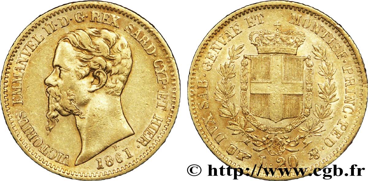 ITALIE - ROYAUME DE SARDAIGNE 20 Lire Victor-Emmanuel II roi de Sardaigne / armes de Savoie couronnées 1861 Turin TTB 